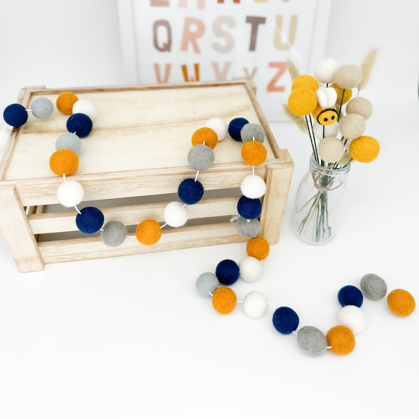 NAVY, GOLD, WHITE & GREY FELT BALL GARLAND