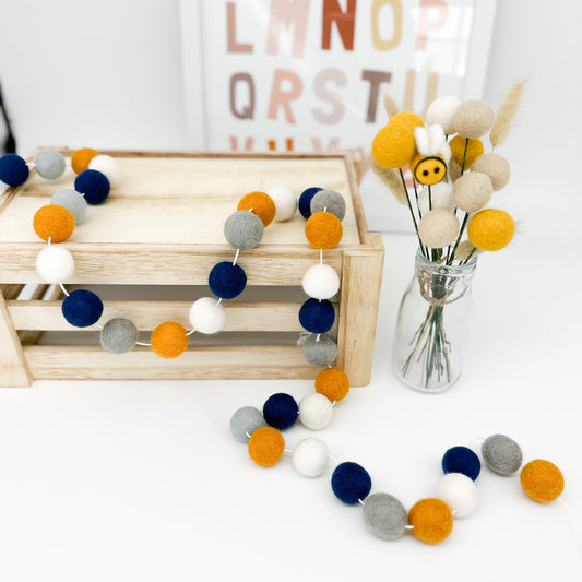 NAVY, GOLD, WHITE & GREY FELT BALL GARLAND